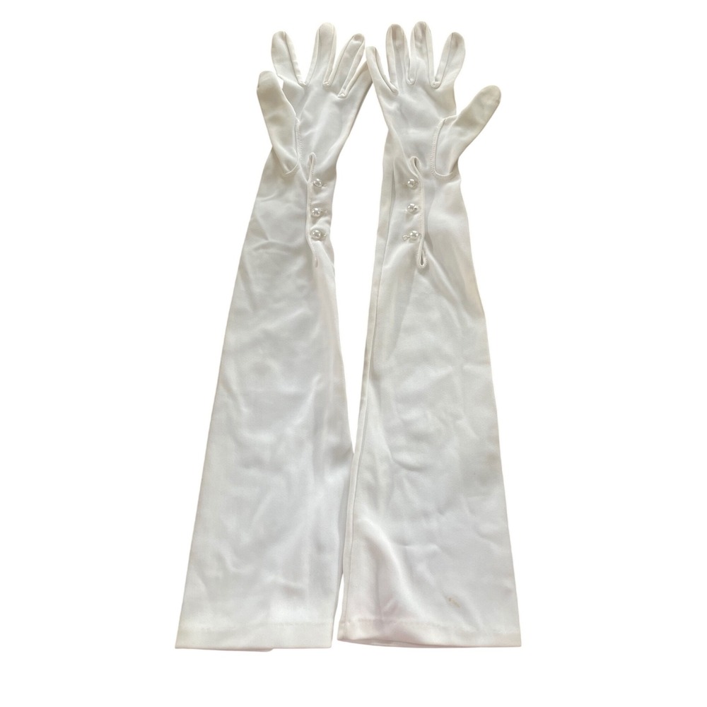 VTG Kayser  White Opera Length Nylon Evening Gloves Faux Pearl Buttons Size 6.5
